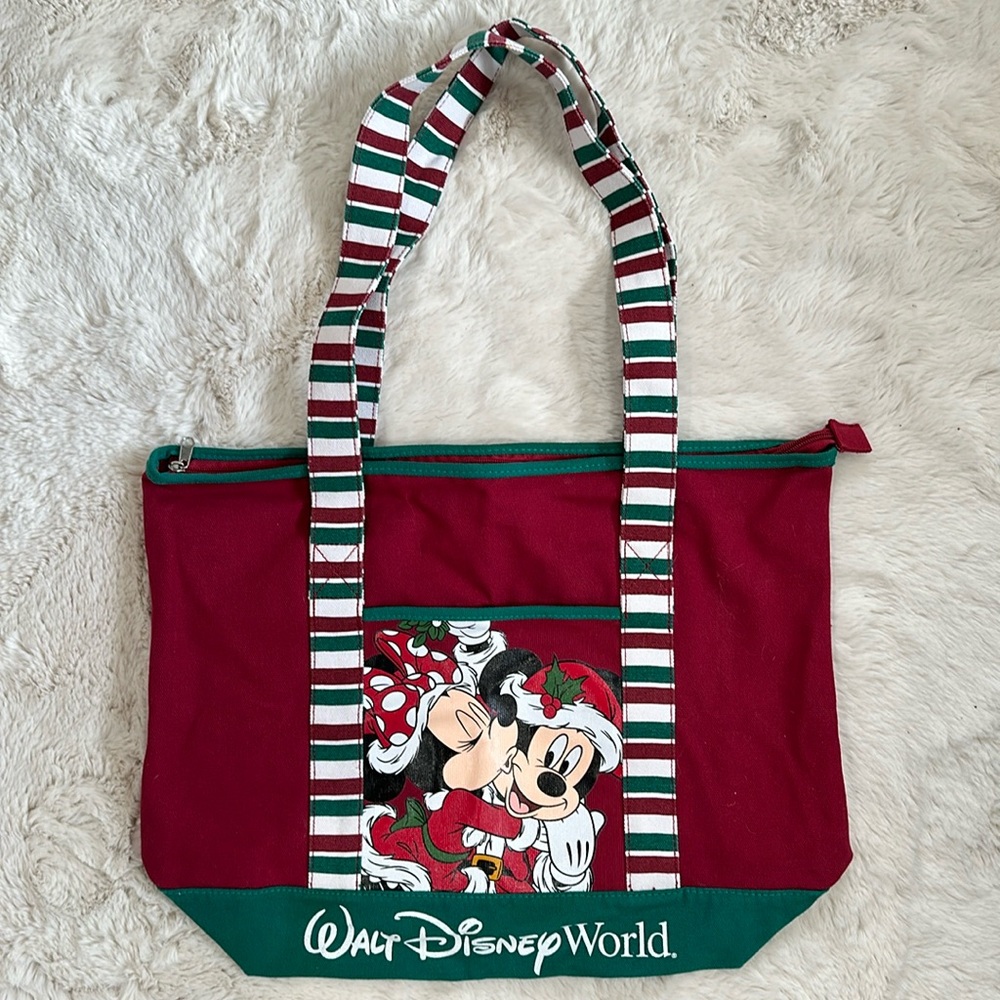 Walt Disney World Mickey and Minnie Christmas Canvas Tote Red Green